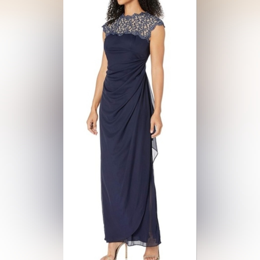 Brand New W TAGS Alex Evenings Navy Lace-Detail Maxi Dress SIZE 16